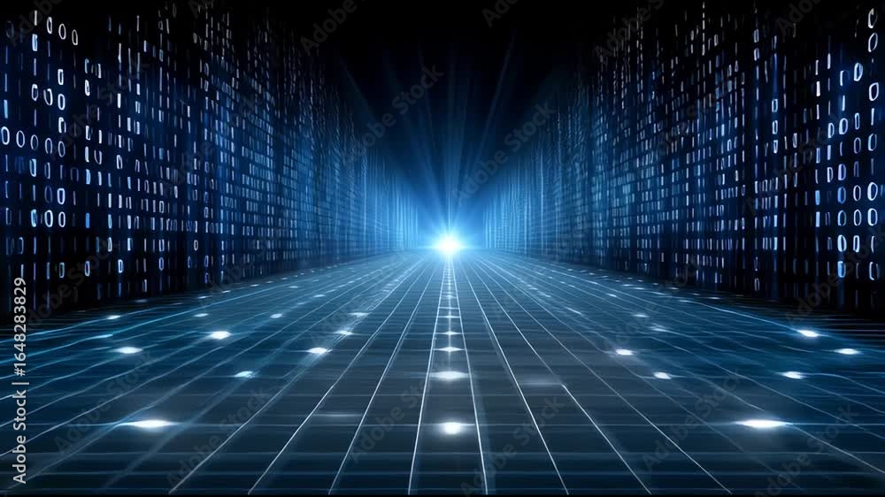 Poster digital binary code data stream glowing light grid surface futuristic technology concept blue light 