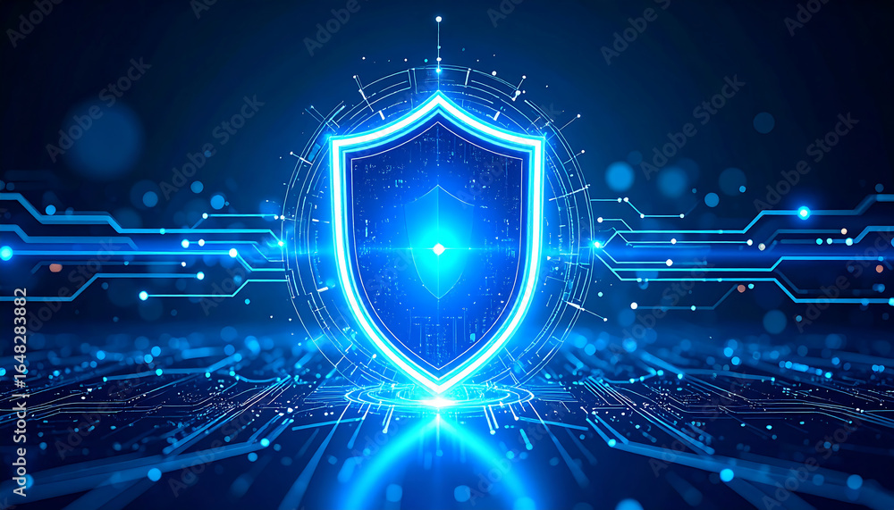 Poster digital shield icon with glowing circuit board background, symbolizing data protection and cybersecu