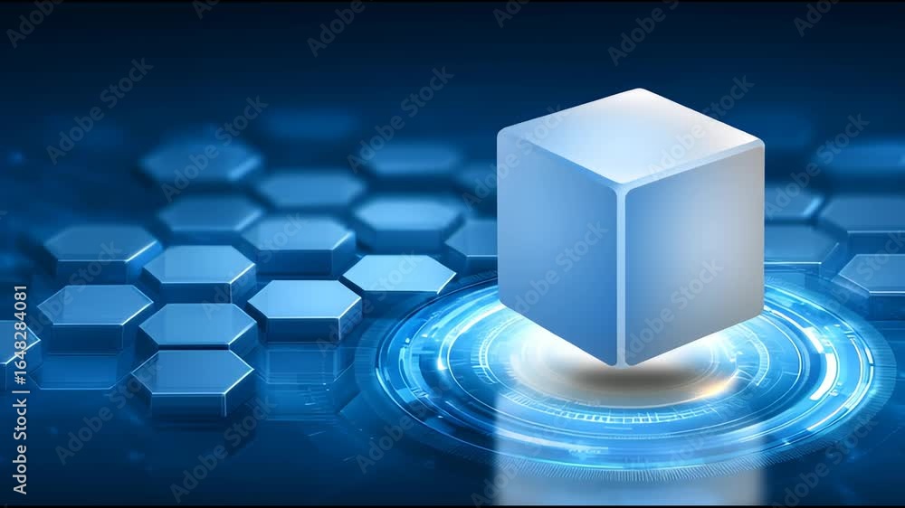 Poster futuristic blue glowing cube with digital interface and hexagon pattern showcasing abstract innovati
