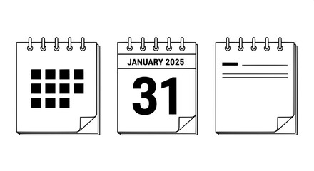 Calendar and schedule icon set in a minimalist outline style. Vector graphic elements for web and app design, featuring the date January 31, 2025.