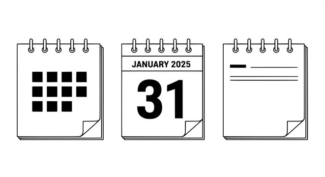 Calendar and schedule icon set in a minimalist outline style. Vector graphic elements for web and app design, featuring the date January 31, 2025.