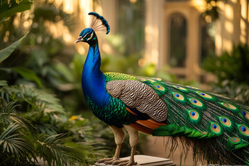 Obraz premium A proud peacock strutting its colorful feathers in an ornate garden, showcasing its impressive plumage against a lush backdrop.
