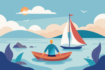 Peaceful man rows kayak near sailboat enjoying serene ocean journey under warm sunny sky