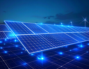 Solar panel farm renewable energy clean energy green energy wind turbines