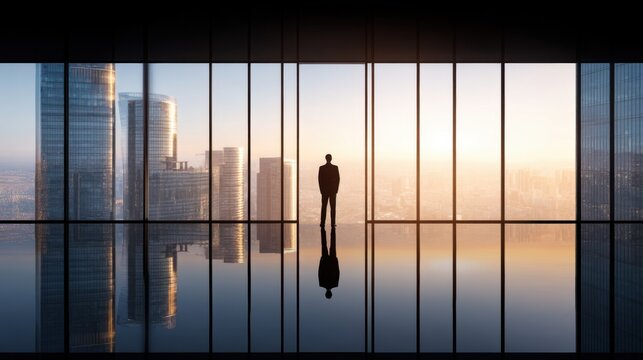Business professional silhouette against city skyline at sunset urban office inspirational mood modern architecture