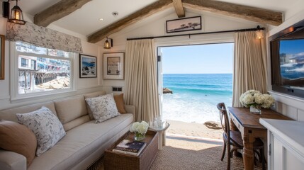 Fototapeta premium Coastal retreat living room beachside cottage interior design ocean view relaxing atmosphere tranquil escape