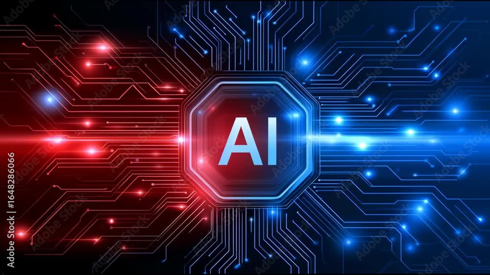 Poster artificial intelligence digital technology featuring glowing red and blue circuit board lines with m