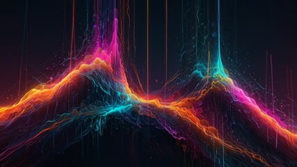 Futuristic AI-generated abstract art featuring vibrant neon waves and luminous energy forms in dynamic motion, blending vivid colors of blue, pink, orange, and purple on a dark background. 4K - Powered by Adobe
