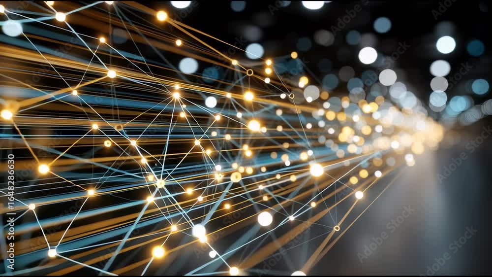 Poster abstract digital network connection with glowing nodes and lines in blue and orange, vibrant technol