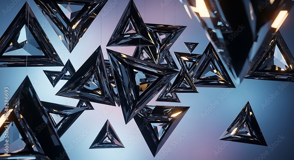 Fototapete abstract futuristic 3d rendering of chrome triangle shapes with light reflections floating in a