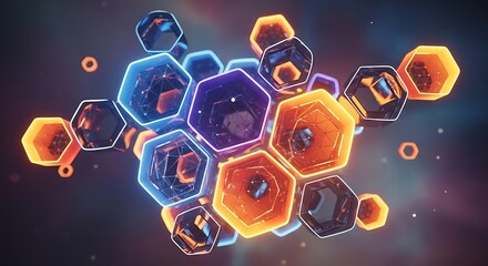 Abstract geometric arrangement of colorful illuminated hexagons and glowing particles