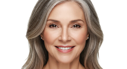 Mature woman, gray hair, smiling