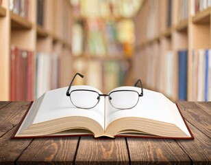 Obraz premium Blank Open Hardcover Book Mockup: Vintage Glasses on Rustic Table. Education, Literature & Intellectual Pursuit