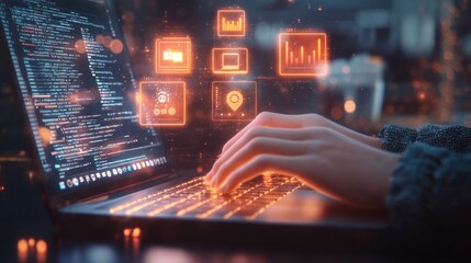 Person typing on a laptop displaying lines of code with glowing orange futuristic digital interface icons floating above the keyboard representing data analytics and technology