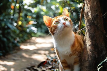 Curious orange and white cat standing near a tree in a sunlit garden path surrounded by green foliage