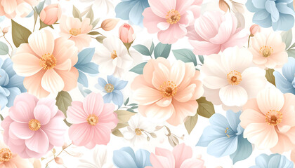 Fototapeta premium Seamless pattern of pastel-colored flowers, delicate watercolor style, on light background.