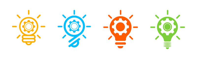 Set of Lightbulb Lamp with gear icon vector symbol. Representing innovation, solution, education logo. 
