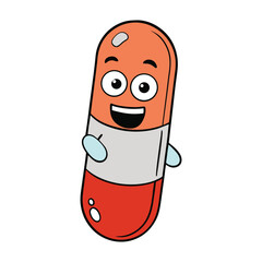 A colorful, playful cartoon pill with a friendly face, bright eyes, and a cheerful smile, perfect for health, medicine, or fun educational designs.
