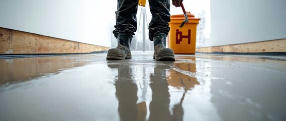 person wearing work boots stands on a wet smooth floor holding a hammer with an orange bucket nearby in a corridor under construction