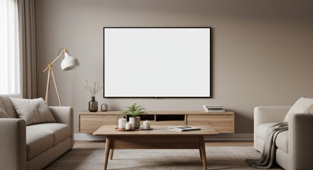 A serene, minimalist living room featuring neutral tones and a blank television screen wall art.