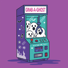 A cartoon illustration of a 'Grab-A-Ghost' claw machine trying to catch a scared ghost.