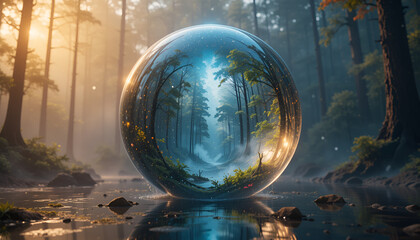 A reflective sphere in a forest stream mirrors a serene natural landscape