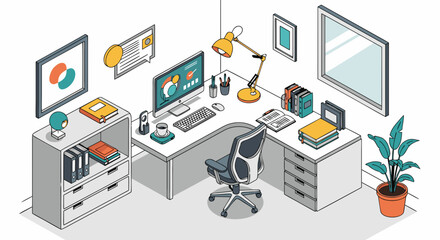Obraz premium Isometric Modern Office Workspace – Desk, Computer, Books, and Plants