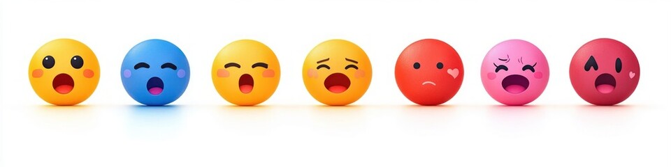 Fototapeta premium Seven colorful spherical emoticons expressing different emotions on a white reflective surface