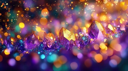 Close-up of vibrant purple and golden crystal formations glowing amidst colorful bokeh lights creating a magical and sparkling atmosphere