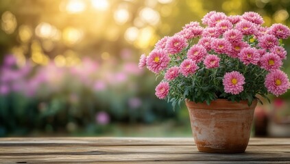 Obraz premium Terracotta pot filled with blooming pink flowers on wooden surface with sunny bokeh background creating warm and peaceful atmosphere
