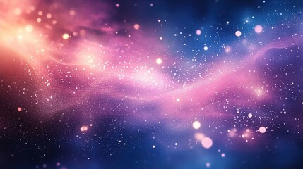 Vibrant cosmic scene with glowing particles and swirling pink, purple, and blue nebula lighting, evoking a sense of wonder and vastness in space
