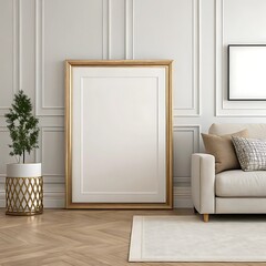 Frame mockup, ISO A paper size. Living room wall poster mockup. Interior mockup with house background. Modern interior design. 3D render