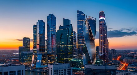 Naklejka premium Moscow's modern skyline at sunset, showcasing a cluster of illuminated skyscrapers against a vibrant twilight sky.