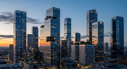 Obraz premium An aerial view of a modern cityscape with numerous skyscrapers, reflecting the sunset.