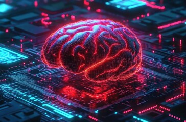 Glowing digital brain hologram hovering over a futuristic circuit board with neon lights in blue and red tones, representing advanced technology and artificial intelligence