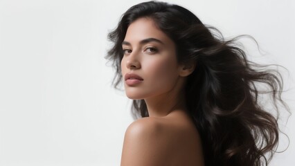 Fototapeta premium Hispanic woman with long healthy hair flowing, haircare beauty concept