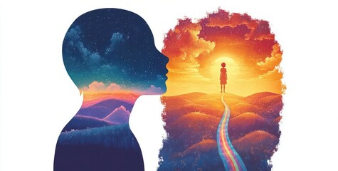 Silhouettes of two heads facing each other, one filled with starry night sky and mountain landscape, the other with vibrant orange sunset, hills, a small figure, and a rainbow path
