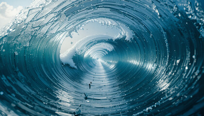 A surreal perspective inside a massive ocean wave tunnel with light at the end