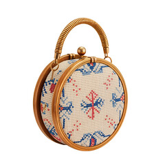 Stylish Circular Handbag with Rattan Handle and Cross-Stitch Design