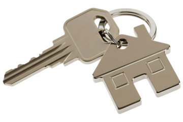 Silver House Keychain and Key on White Background