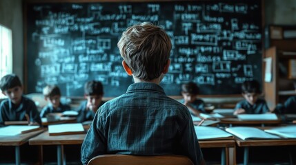 Young children seated in a classroom facing a chalkboard filled with complex mathematical formulas, focused and engaged in learning