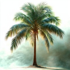 Obraz premium Tall coconut palm tree standing alone on sandy ground with lush green fronds and soft natural sunlight creating shadows against a blurred cloudy background
