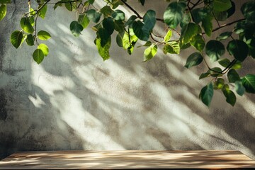 Wooden table surface against a textured wall with leaf shadows on the background. Great backdrop for product placement, nature mockups, or a rustic design.