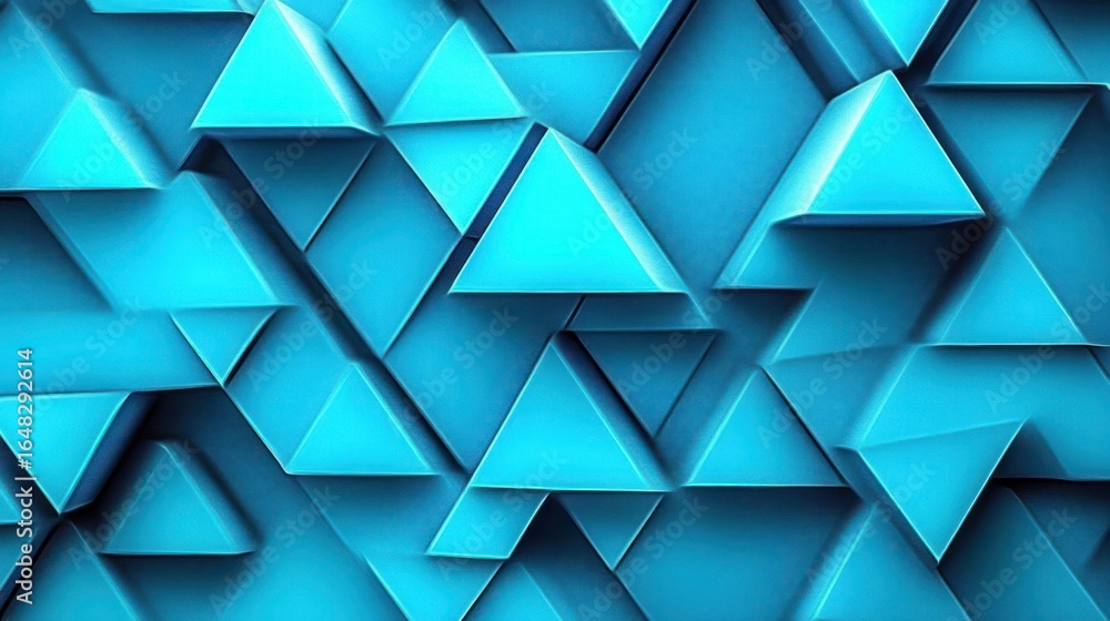 Poster abstract pattern of overlapping blue 3d triangular shapes creating a geometric textured surface with