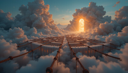 A celestial gateway in the clouds with futuristic architecture and golden light