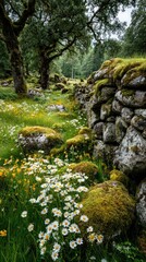 Stone Wall and Daisies in a Grassy Field