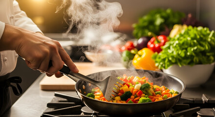 Sizzling Fresh Vegetables: Chef's Hands Stir-Frying Colorful Healthy Ingredients with Steam