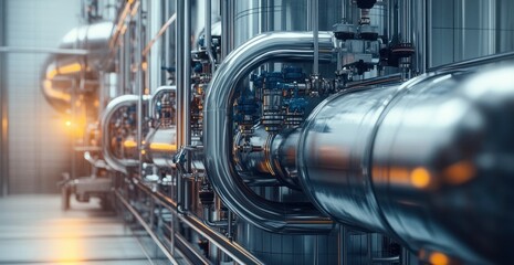 Fototapeta premium Close-up view of shiny industrial pipes and valves in a high-tech manufacturing facility with warm light reflections creating a futuristic atmosphere
