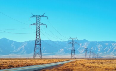 Long line of electrical transmission towers stretching across a dry golden grassland with a clear blue sky and mountain range in the background