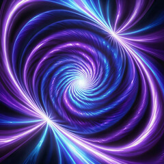 Swirling vortex of purple and blue light with radiating beams converging towards a central glowing point for abstract background design